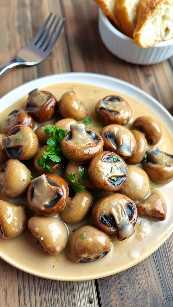 A bowl of creamy garlic mushrooms garnished with parsley on a wooden table with bread.