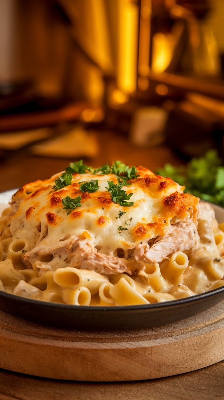 Creamy chicken pasta bake topped with melted cheese and parsley in a rustic kitchen setting.