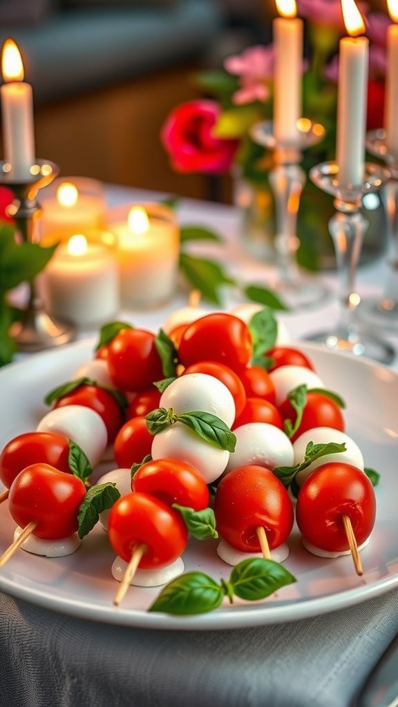 A plate of Caprese salad skewers with cherry tomatoes, mozzarella balls, and basil, set on a romantic table.