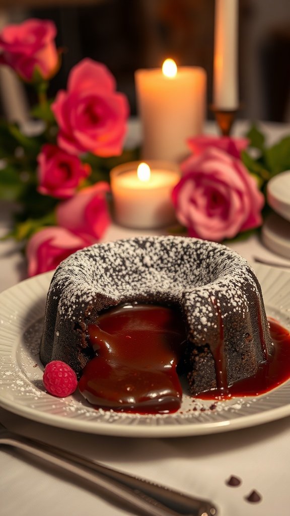 A delicious chocolate lava cake with a gooey center, garnished with raspberries, on a romantic table setting.