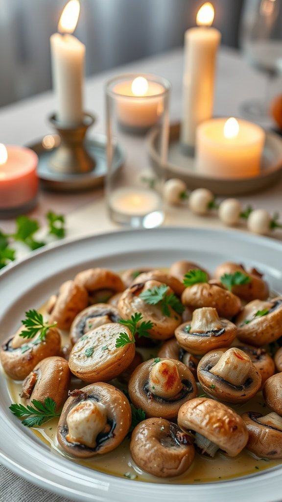 A plate of creamy garlic mushrooms garnished with parsley, surrounded by candles.