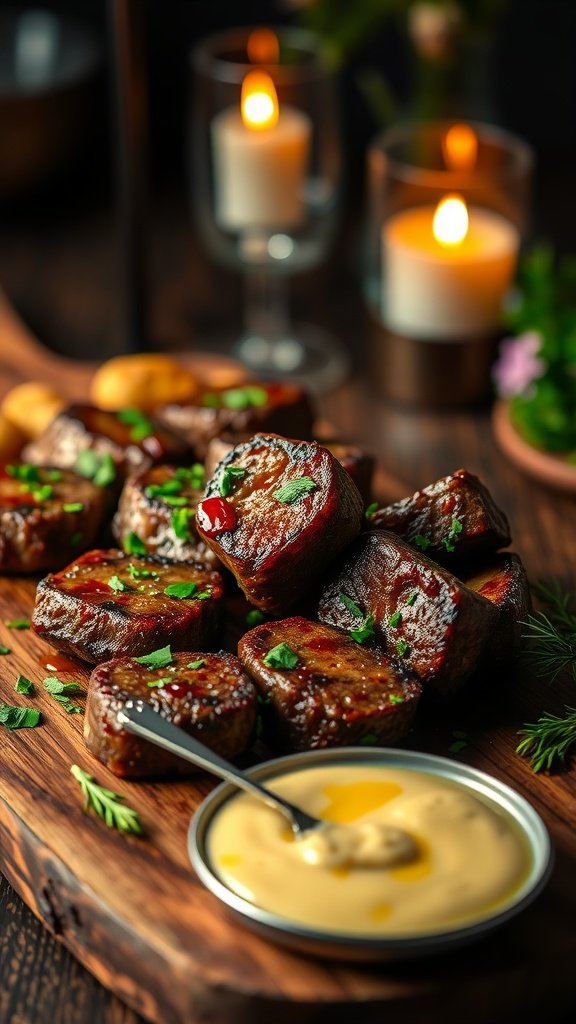 Delicious garlic butter steak bites served on a wooden board with lemon slices, herbs, and a dipping sauce.