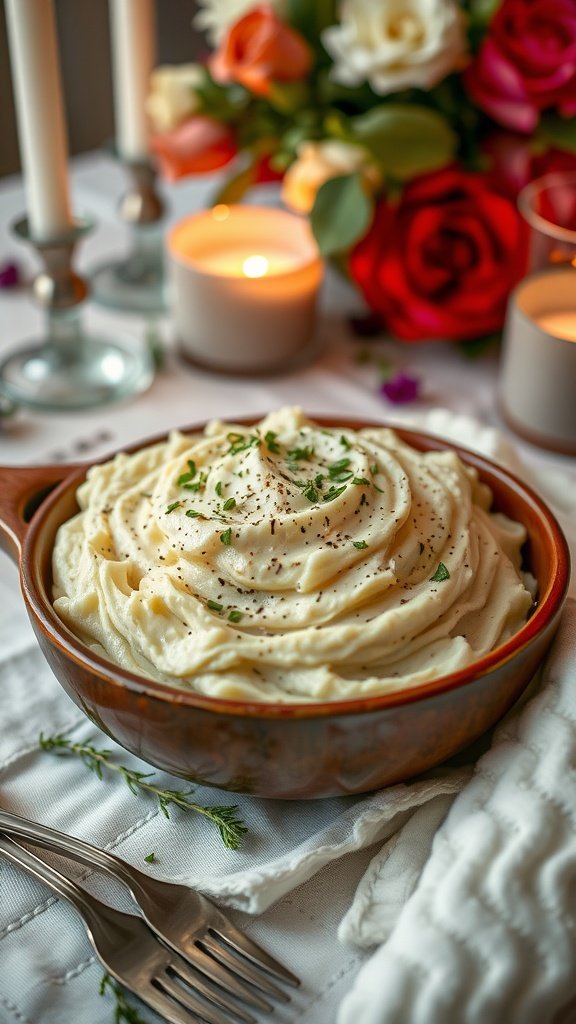 A bowl of herbed mashed potatoes with parsley on a romantic dinner table.