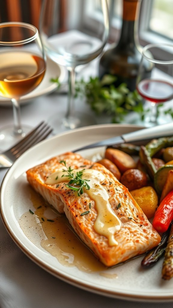 A plate of pan-seared salmon with lemon butter sauce, served with roasted vegetables and wine glasses in the background.