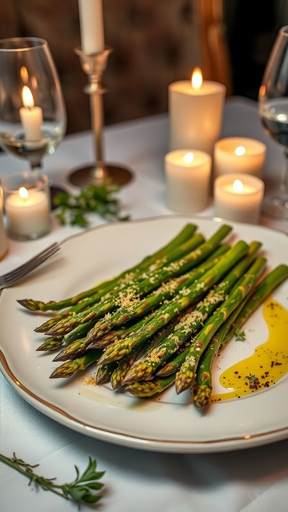 Plate of parmesan-roasted asparagus with candles and wine glasses in the background.