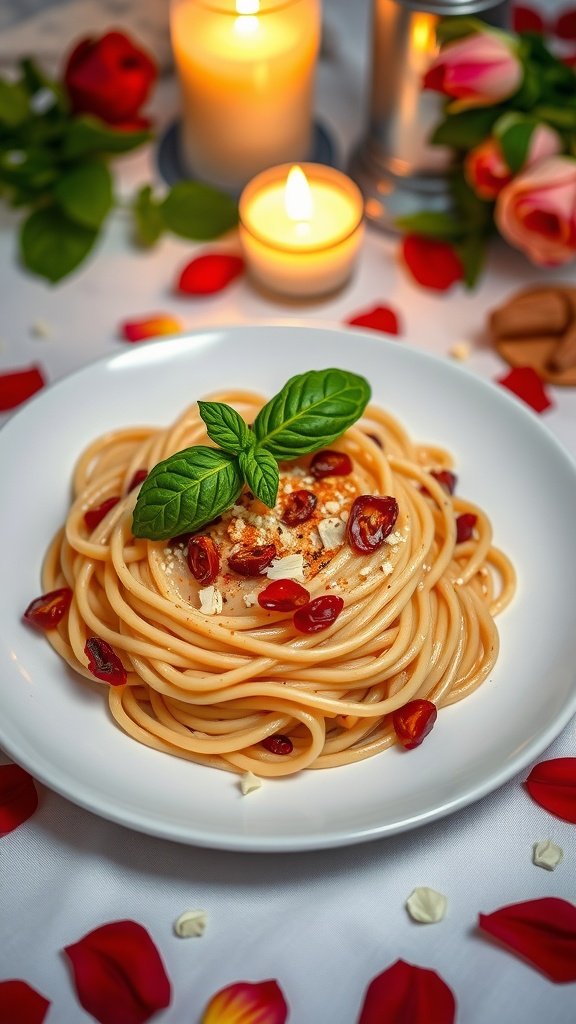 A plate of pasta with creamy sun-dried tomato sauce, garnished with fresh basil, surrounded by candles and rose petals.