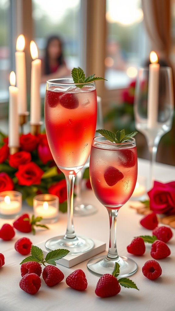 Two glasses of sparkling raspberry mocktail garnished with mint and fresh raspberries, surrounded by candles and roses.