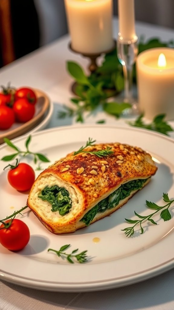 A plate of spinach and ricotta stuffed chicken breast with cherry tomatoes, surrounded by candles.