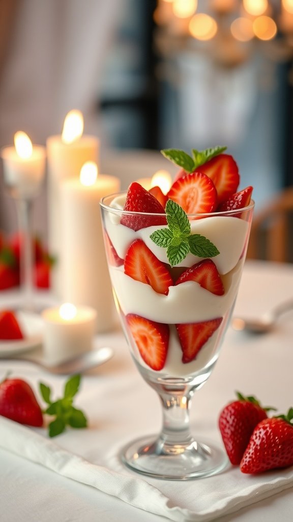 A delicious strawberries and cream parfait in a glass, garnished with mint, surrounded by fresh strawberries and candles.